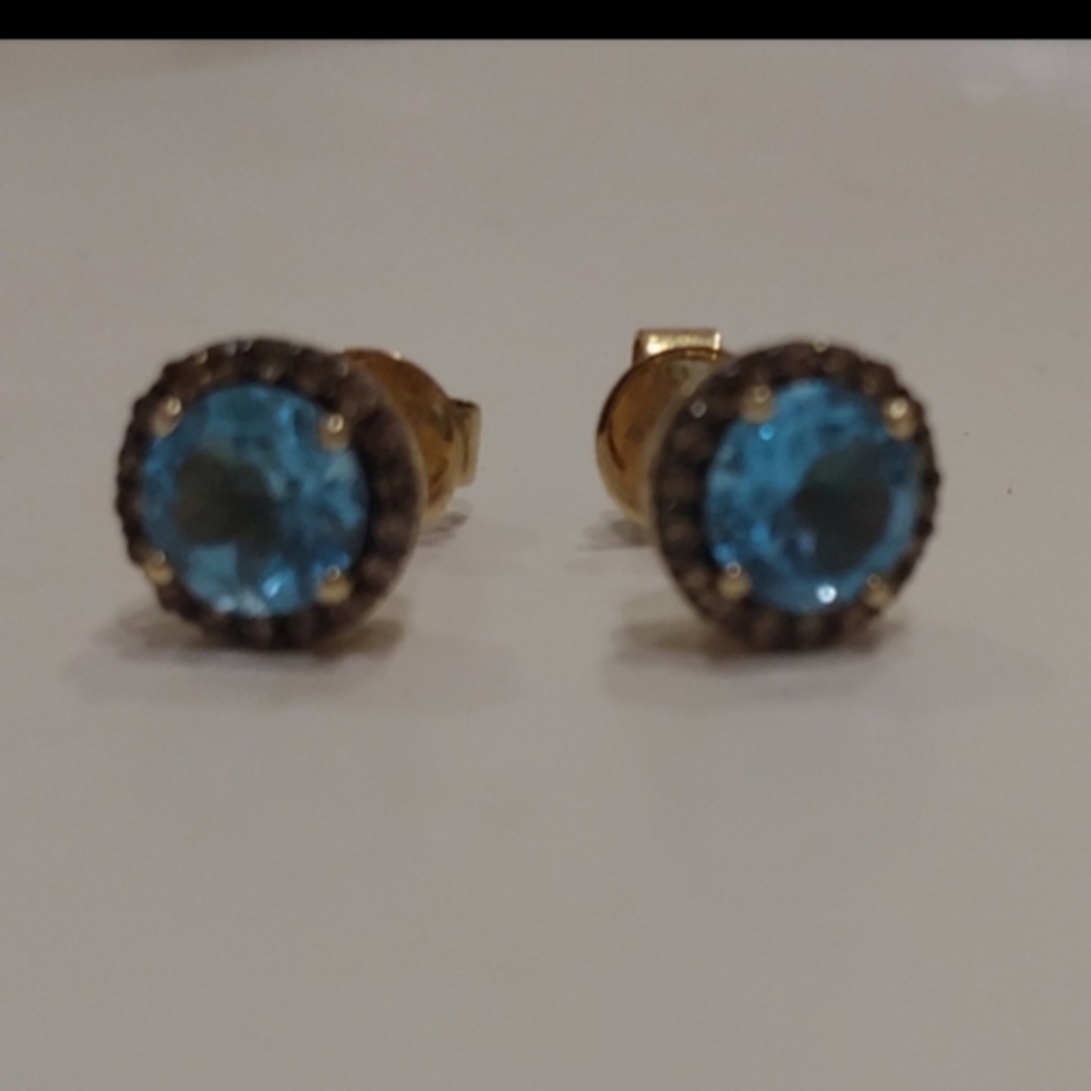 10k Swiss Topaz and Champagne Diamond studs